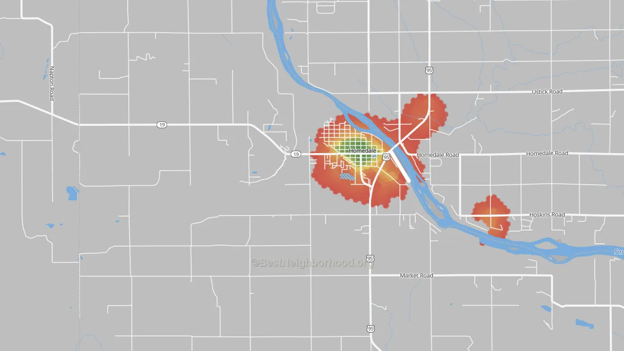 Walk Grade map of Homedale, ID, walkable areas in green and car-dependent areas in red