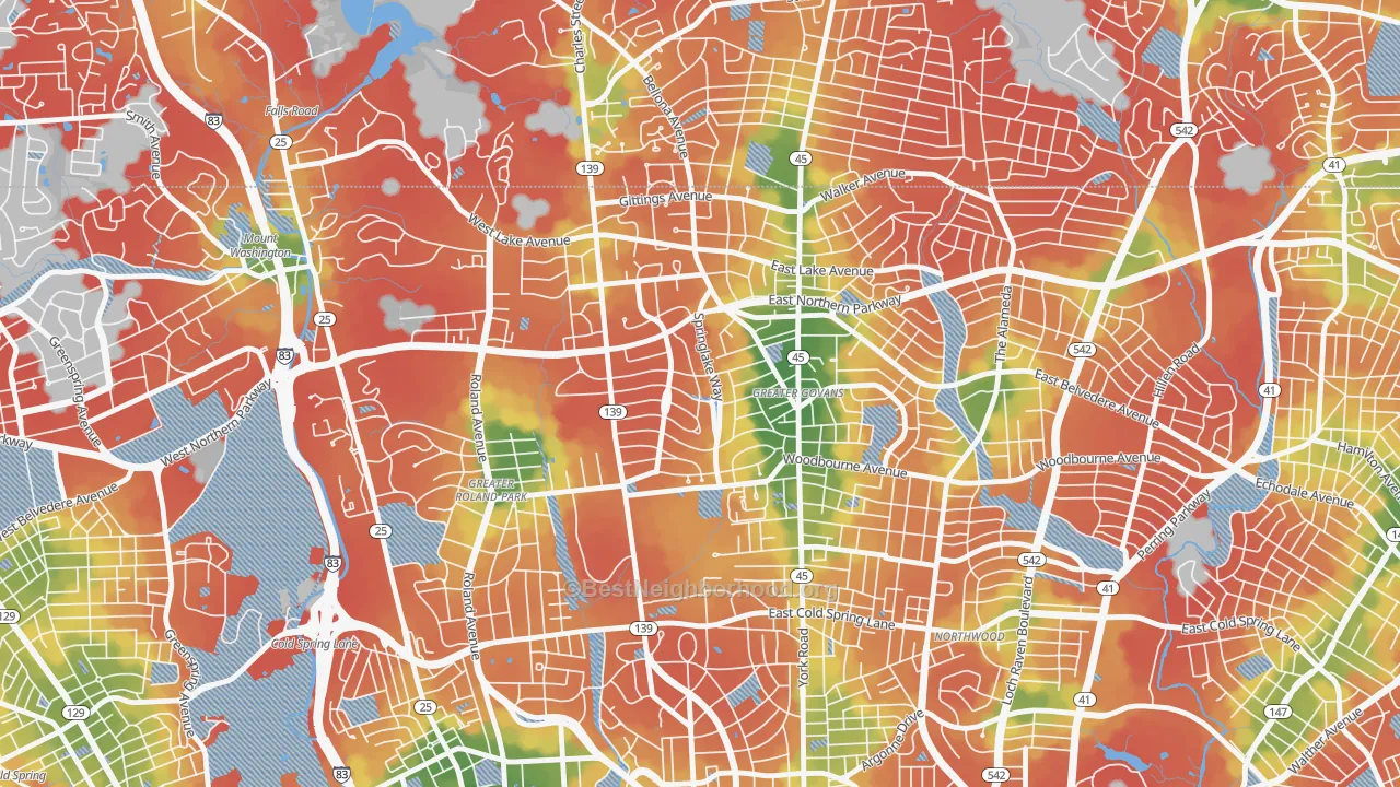Walk Grade map of Homeland, Baltimore, MD, walkable areas in green and car-dependent areas in red