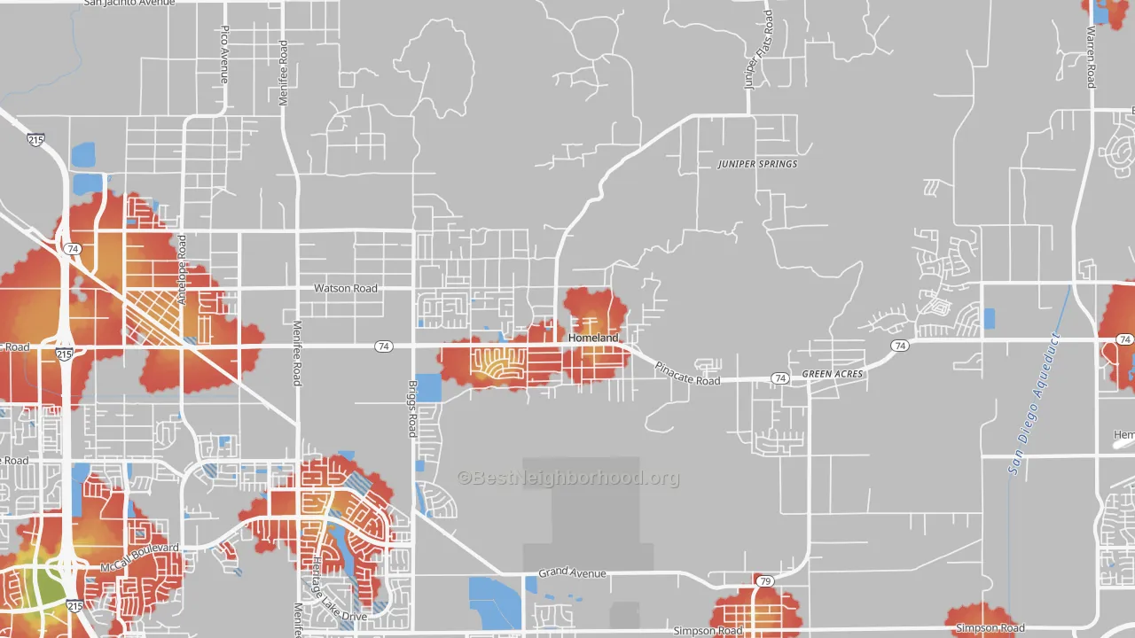 Walk Grade map of Homeland, CA, walkable areas in green and car-dependent areas in red