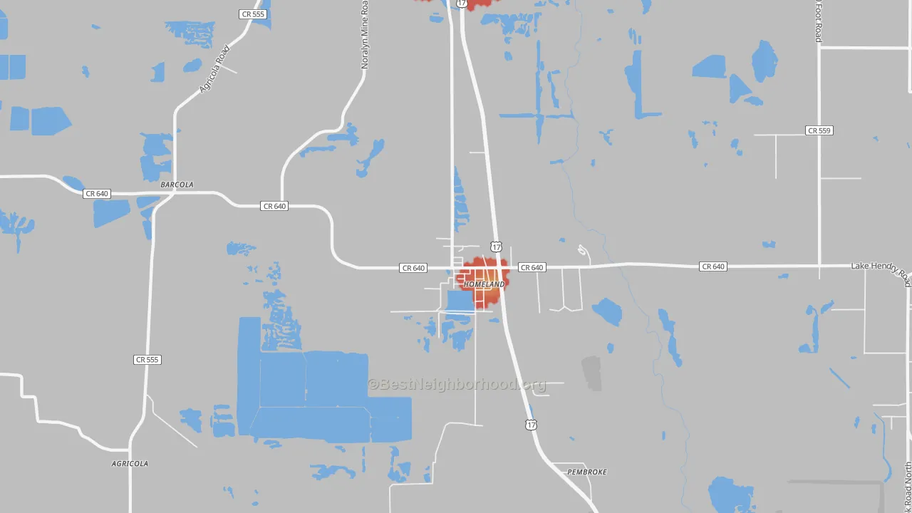 Walk Grade map of Homeland, FL, walkable areas in green and car-dependent areas in red