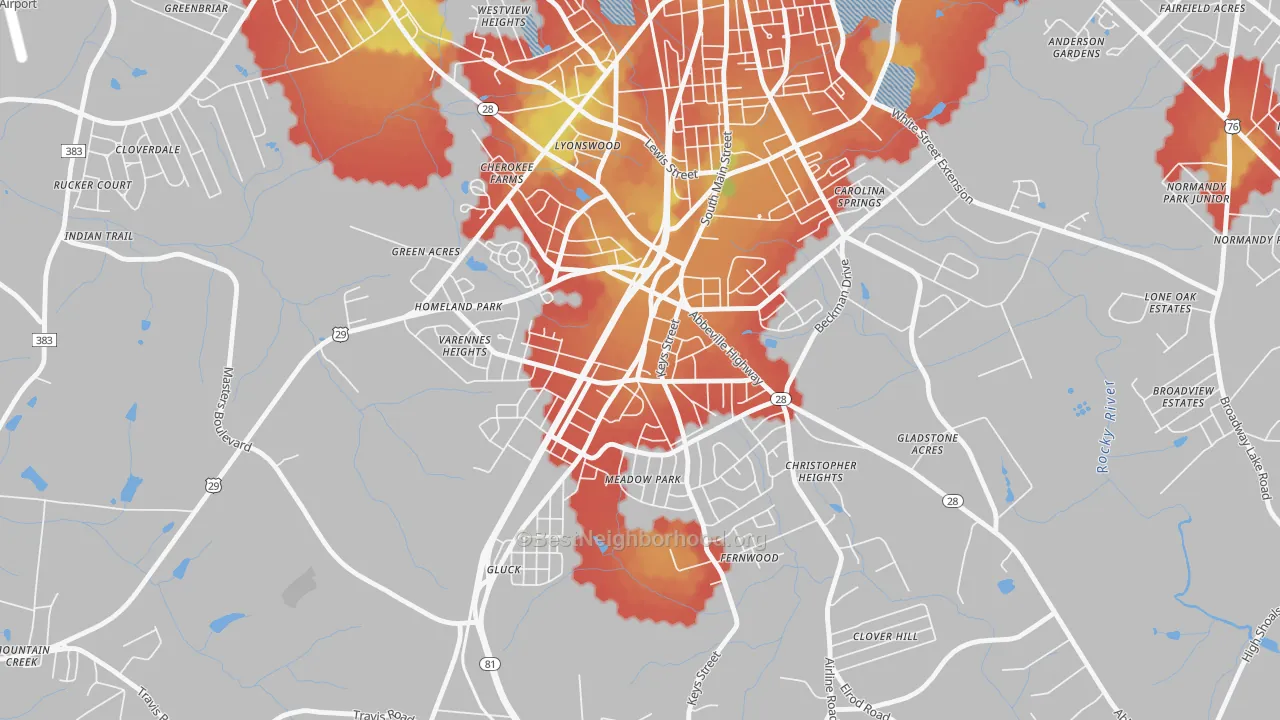 Walk Grade map of Homeland Park, SC, walkable areas in green and car-dependent areas in red
