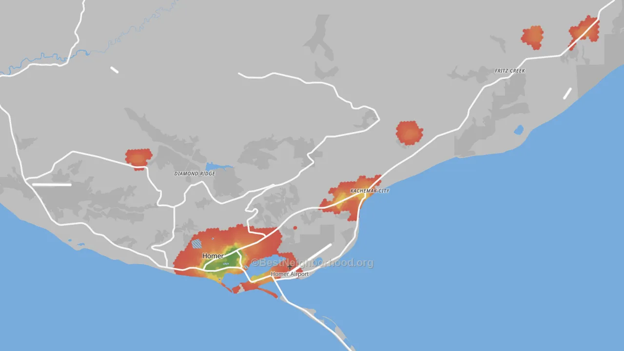 Walk Grade map of Homer, AK, walkable areas in green and car-dependent areas in red