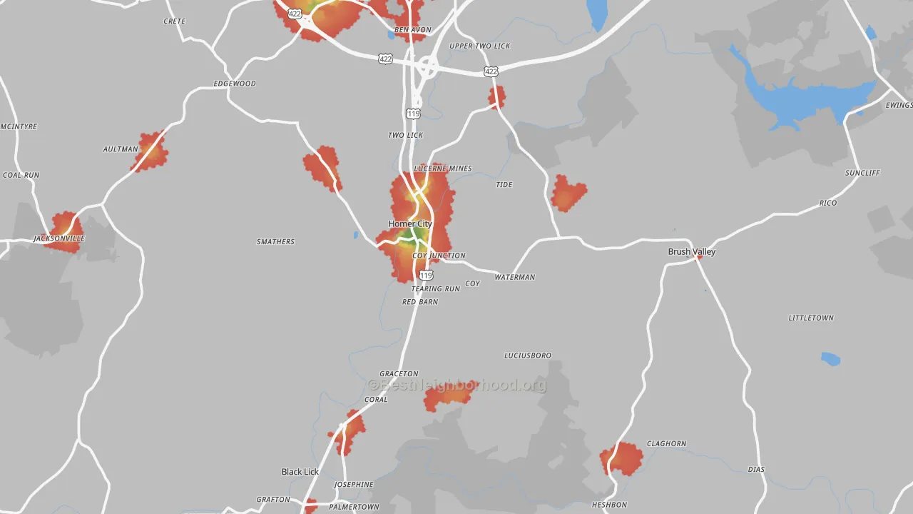 Walk Grade map of Homer City, PA, walkable areas in green and car-dependent areas in red