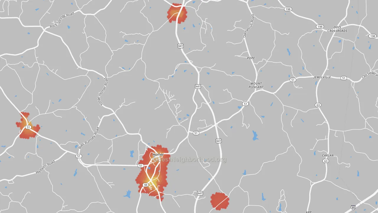Walk Grade map of Homer, GA, walkable areas in green and car-dependent areas in red
