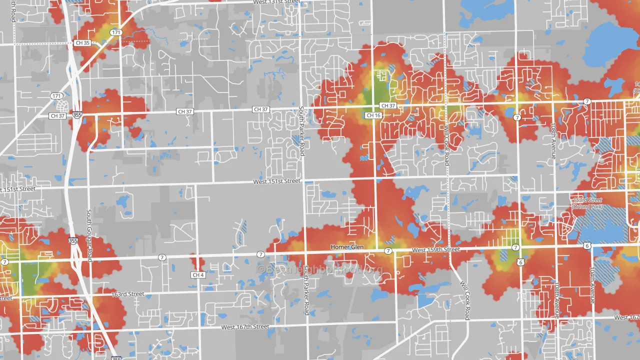 Walk Grade map of Homer Glen, IL, walkable areas in green and car-dependent areas in red