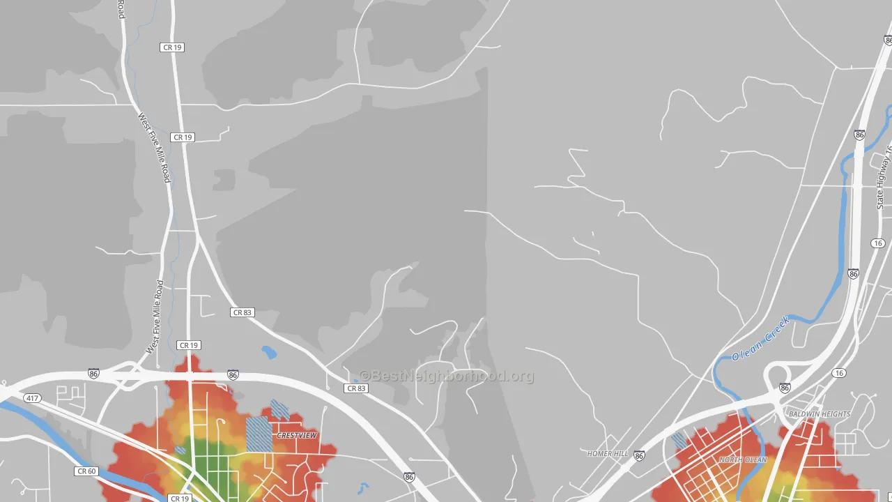 Walk Grade map of Homer Hill, NY, walkable areas in green and car-dependent areas in red