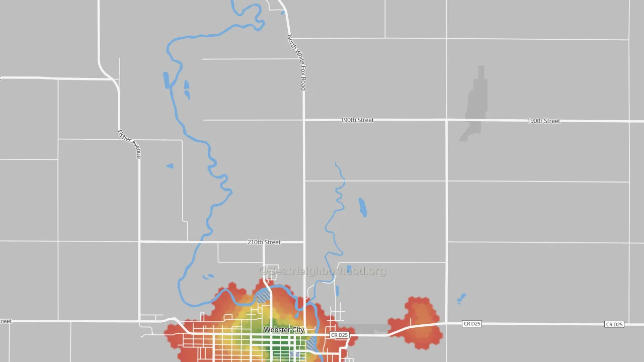 Walk Grade map of Homer, IA, walkable areas in green and car-dependent areas in red