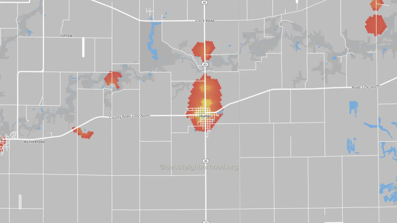 Walk Grade map of Homer, IL, walkable areas in green and car-dependent areas in red