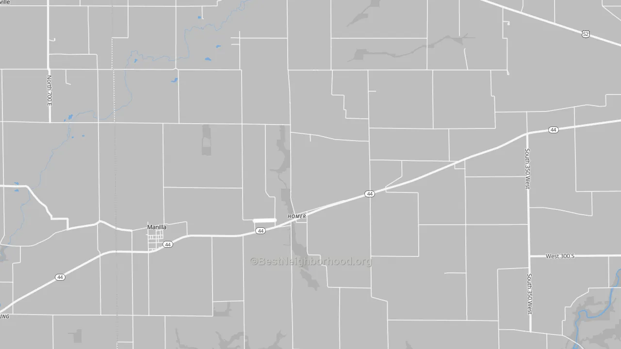 Walk Grade map of Homer, IN, walkable areas in green and car-dependent areas in red