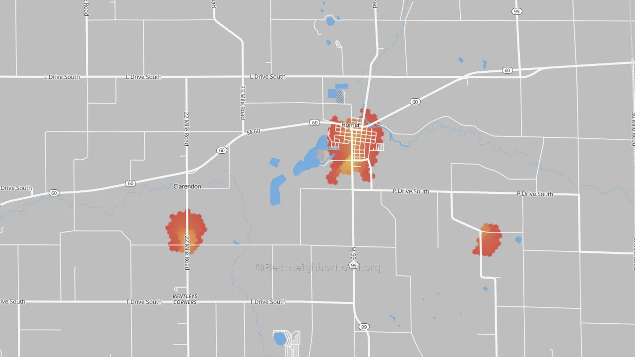 Walk Grade map of Homer, MI, walkable areas in green and car-dependent areas in red