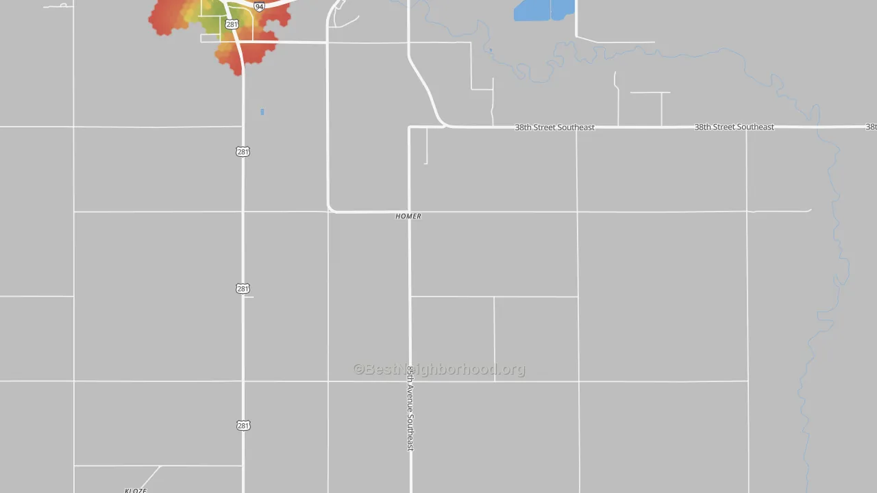 Walk Grade map of Homer, ND, walkable areas in green and car-dependent areas in red