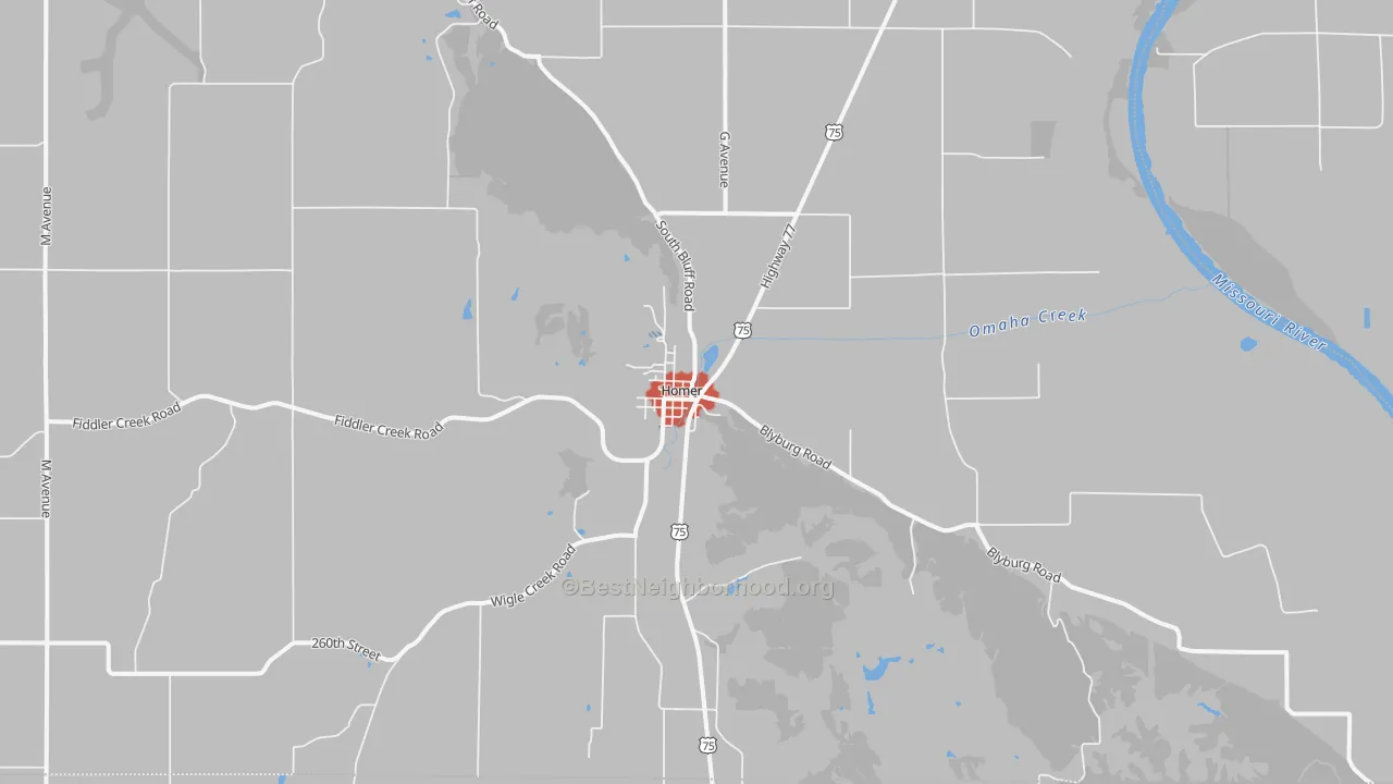 Walk Grade map of Homer, NE, walkable areas in green and car-dependent areas in red