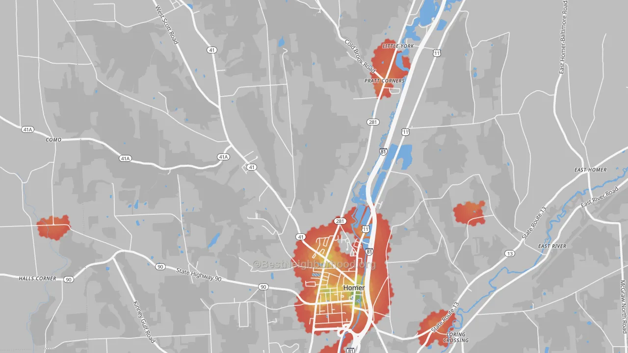 Walk Grade map of Homer, NY, walkable areas in green and car-dependent areas in red
