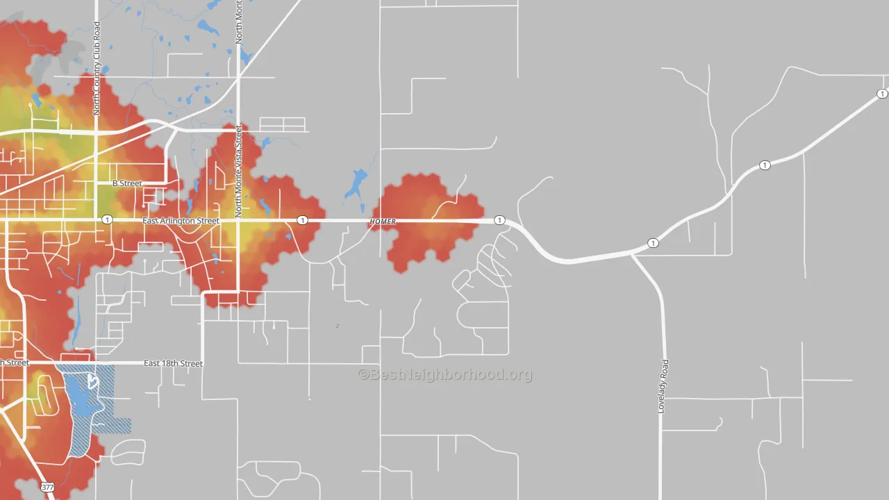 Walk Grade map of Homer, OK, walkable areas in green and car-dependent areas in red