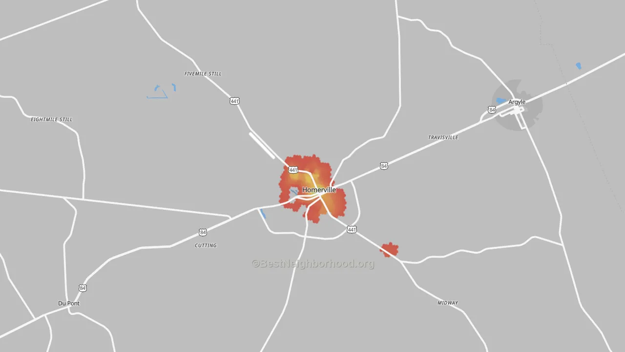 Walk Grade map of Homerville, GA, walkable areas in green and car-dependent areas in red