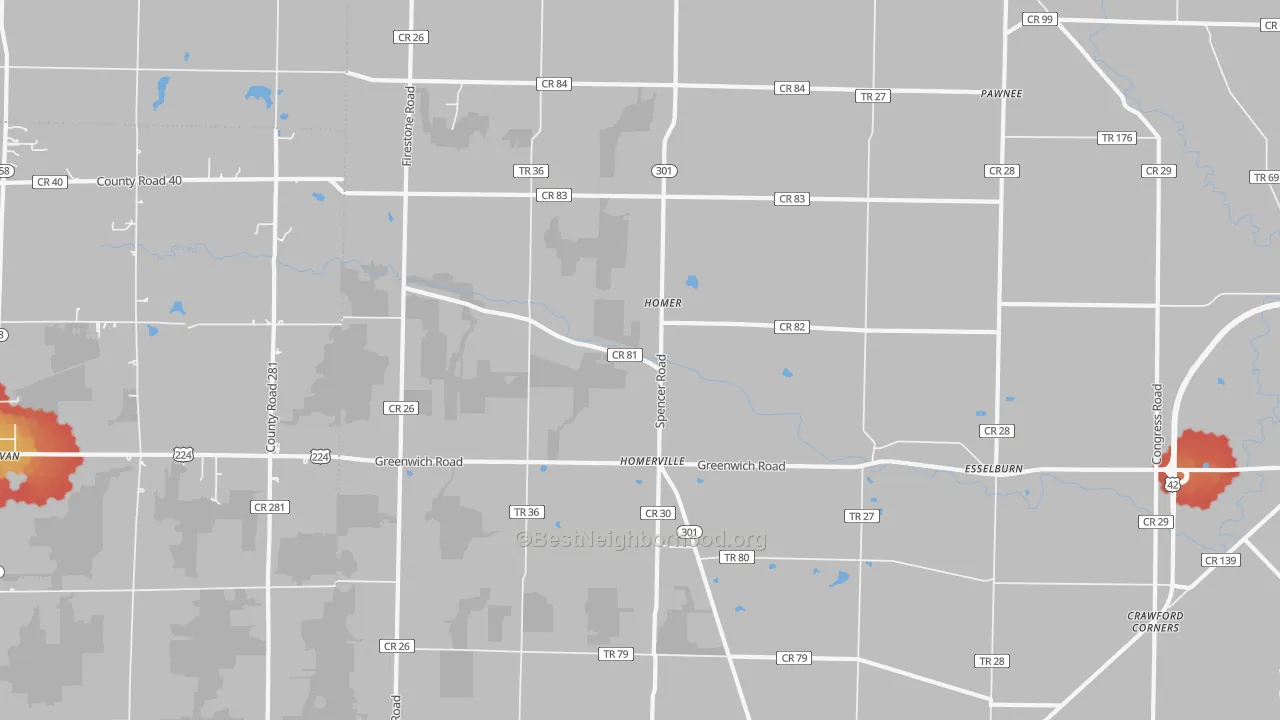 Walk Grade map of Homerville, OH, walkable areas in green and car-dependent areas in red