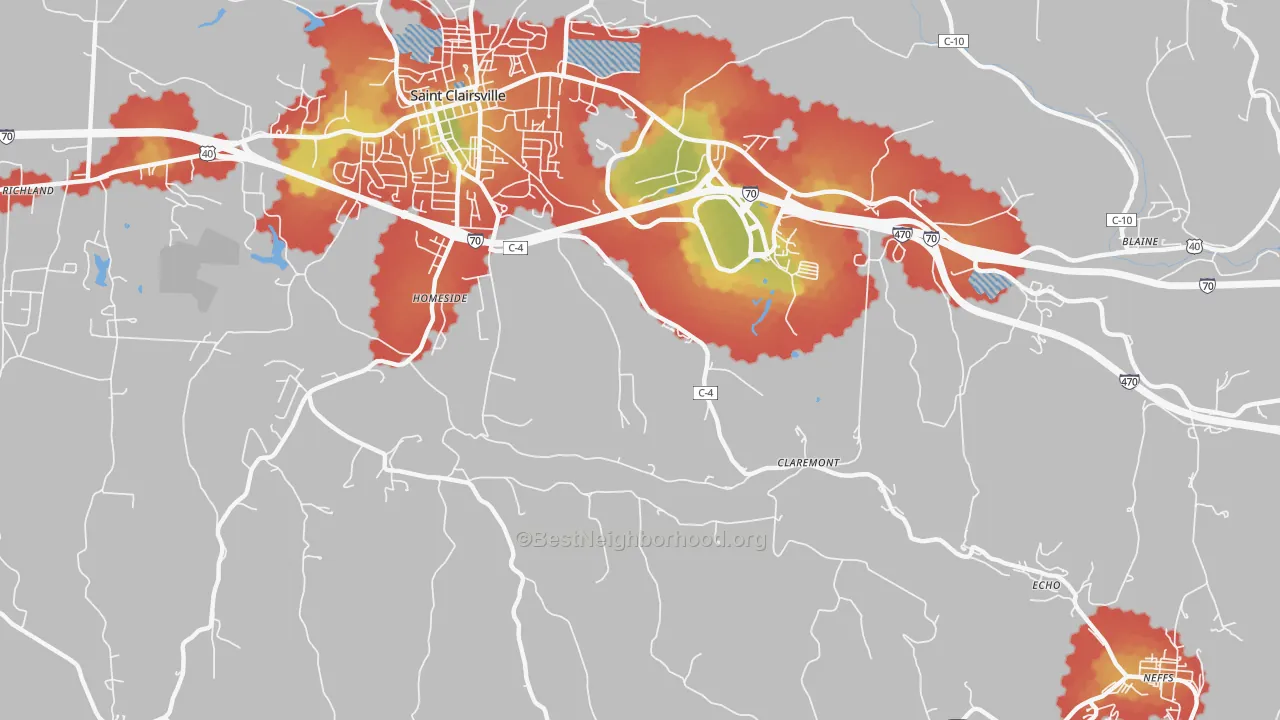 Walk Grade map of Homeside, OH, walkable areas in green and car-dependent areas in red