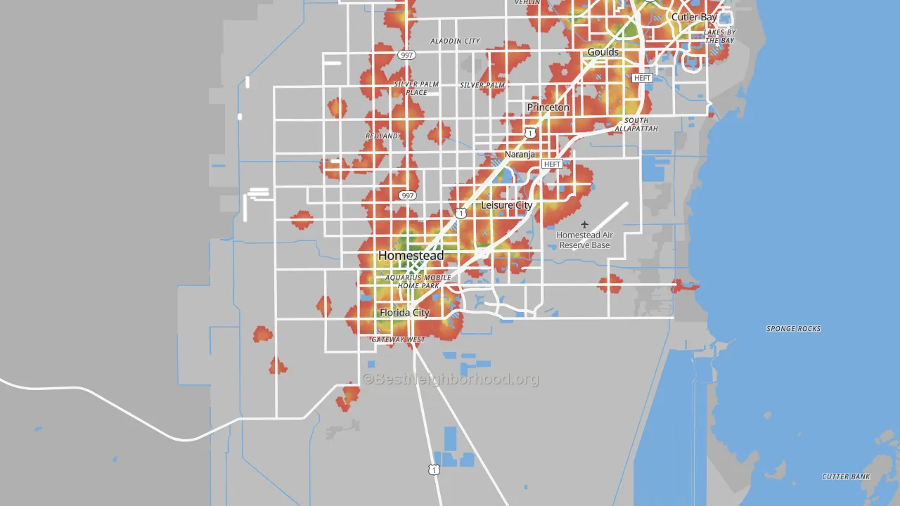 Walk Grade map of Homestead, FL, walkable areas in green and car-dependent areas in red