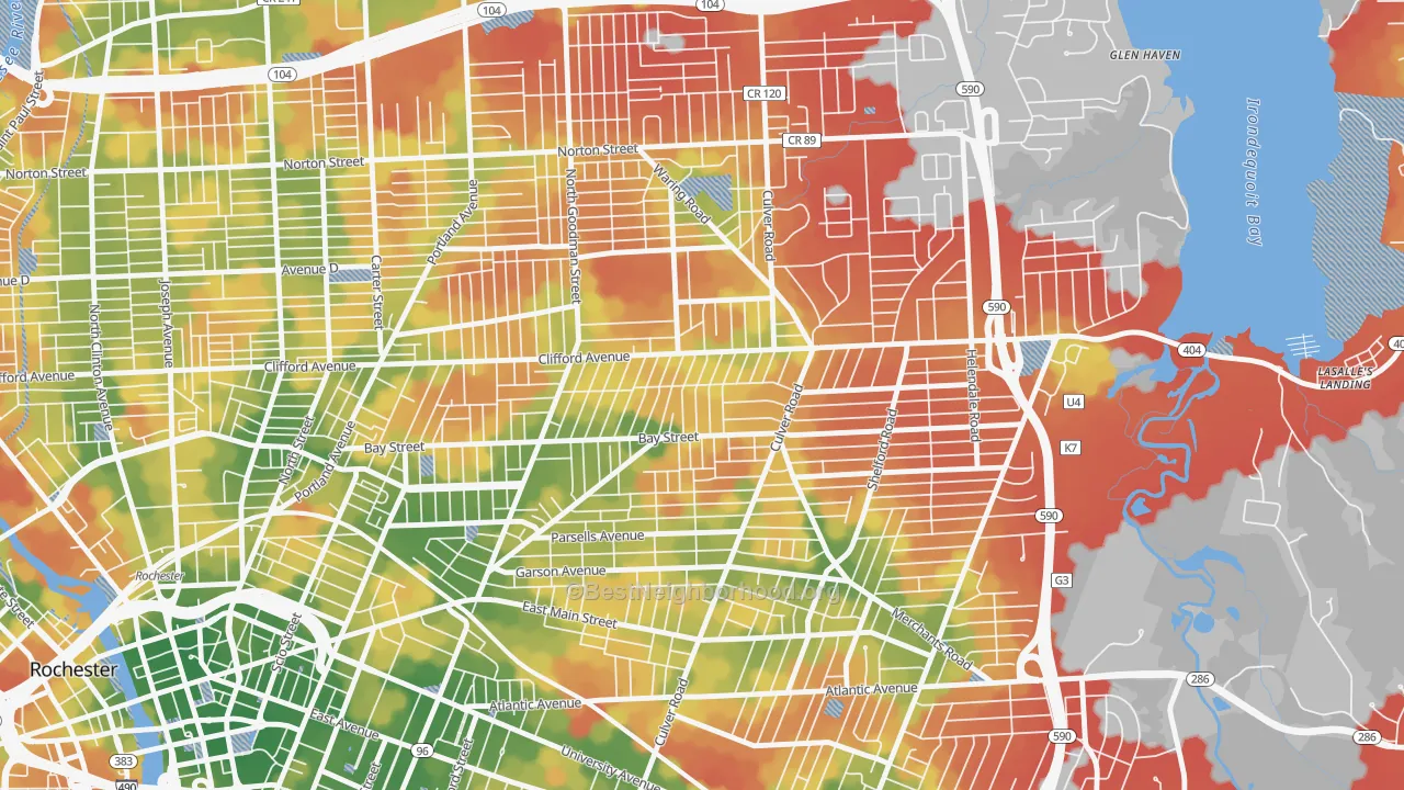 Walk Grade map of Homestead Heights, Rochester, NY, walkable areas in green and car-dependent areas in red