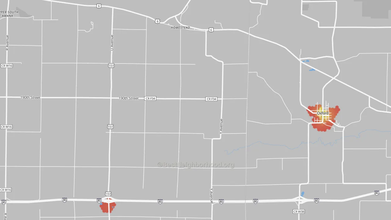 Walk Grade map of Homestead, IA, walkable areas in green and car-dependent areas in red