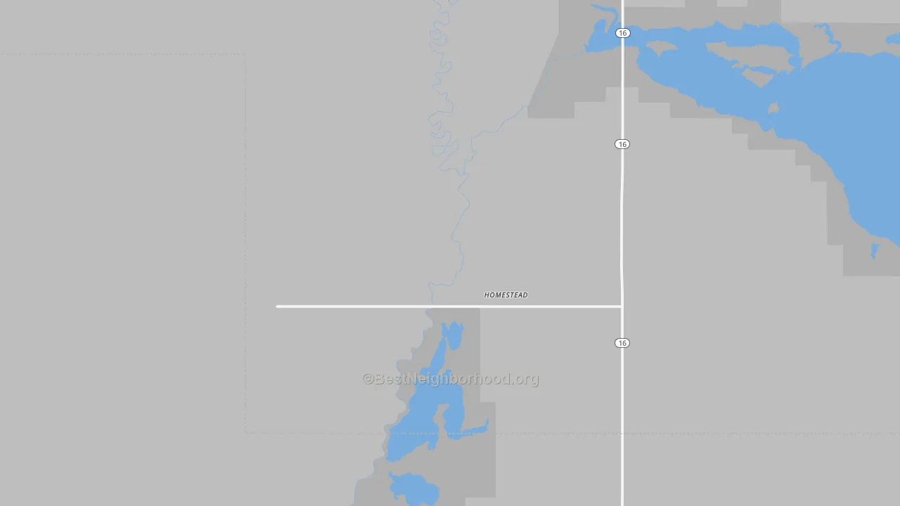 Walk Grade map of Homestead, MT, walkable areas in green and car-dependent areas in red