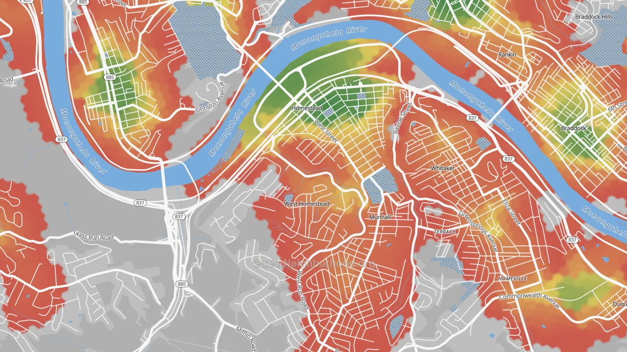 Walk Grade map of Homestead, PA, walkable areas in green and car-dependent areas in red