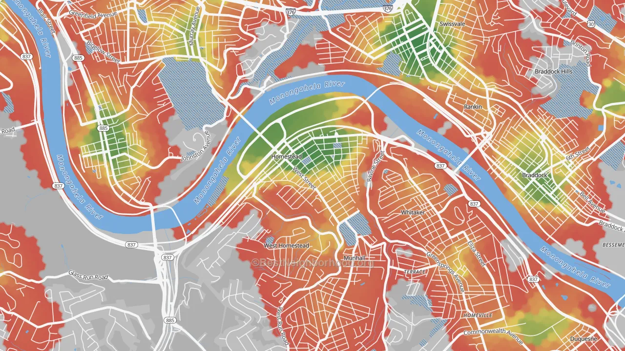 Walk Grade map of Homestead Park, Homestead, PA, walkable areas in green and car-dependent areas in red