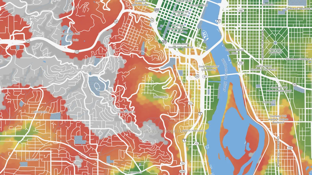 Walk Grade map of Homestead, Portland, OR, walkable areas in green and car-dependent areas in red