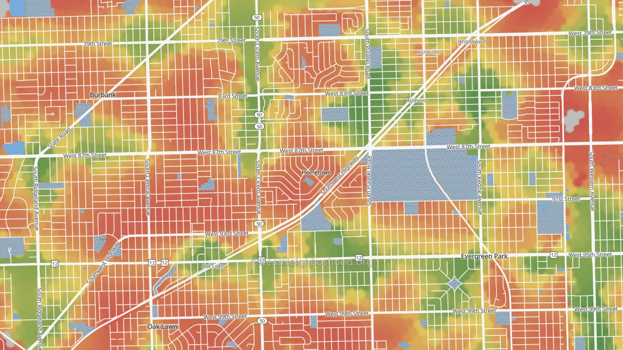 Walk Grade map of Hometown, IL, walkable areas in green and car-dependent areas in red