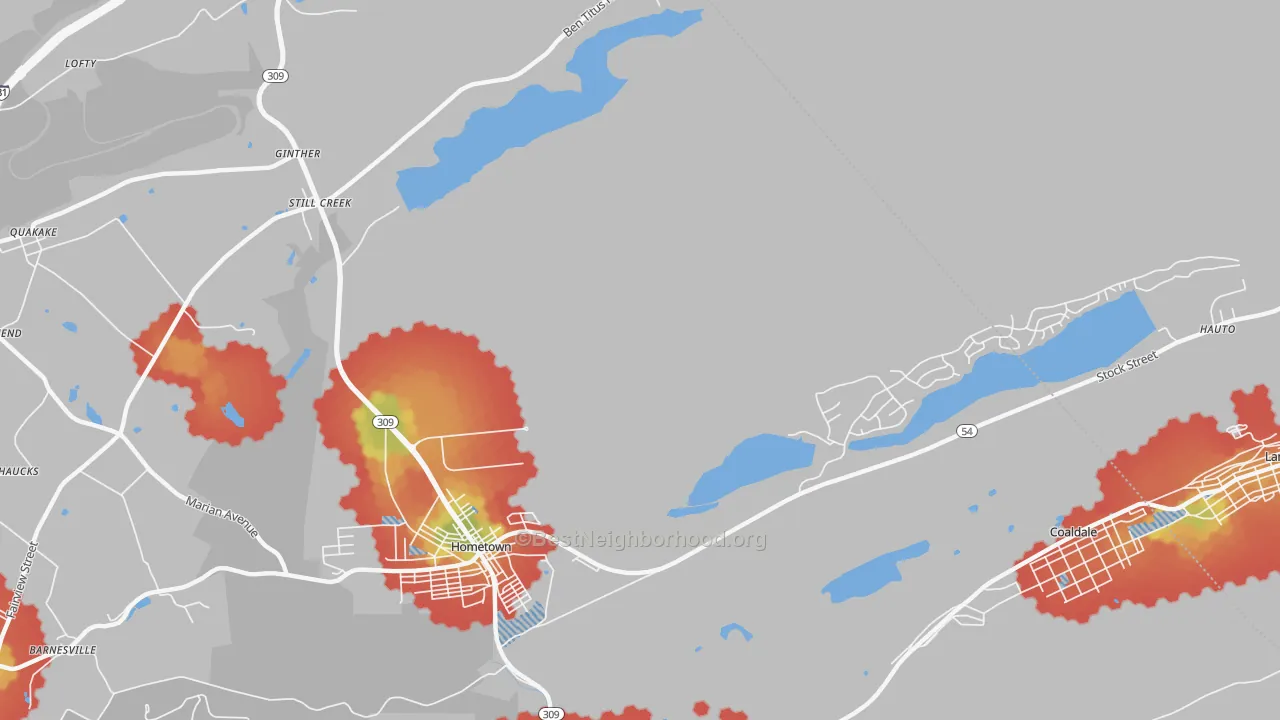 Walk Grade map of Hometown, PA, walkable areas in green and car-dependent areas in red