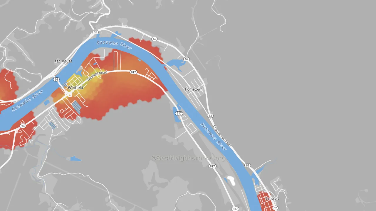 Walk Grade map of Hometown, WV, walkable areas in green and car-dependent areas in red