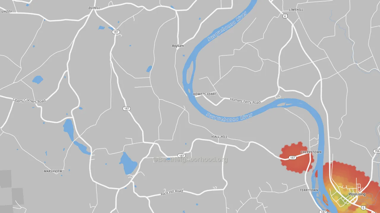Walk Grade map of Homets Ferry, PA, walkable areas in green and car-dependent areas in red