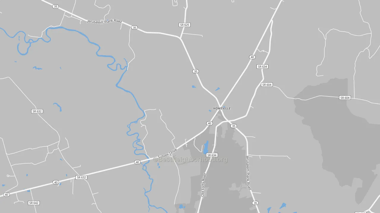Walk Grade map of Homeville, VA, walkable areas in green and car-dependent areas in red
