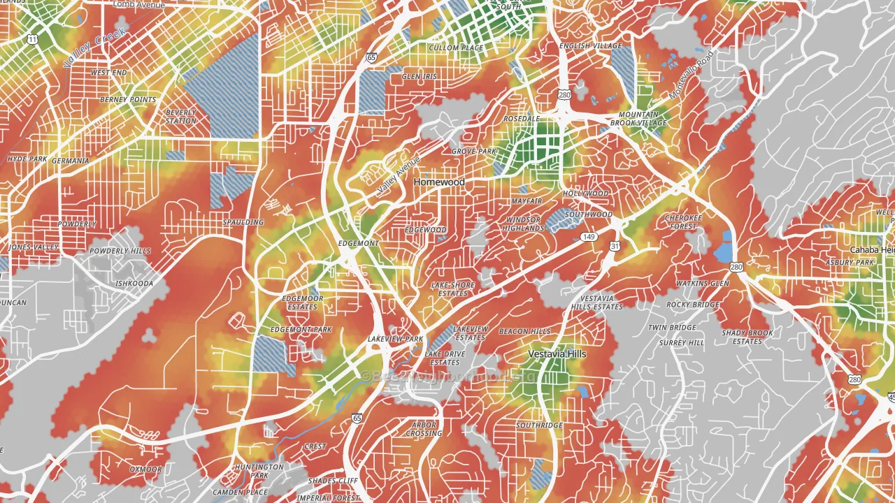 Walk Grade map of Homewood, AL, walkable areas in green and car-dependent areas in red