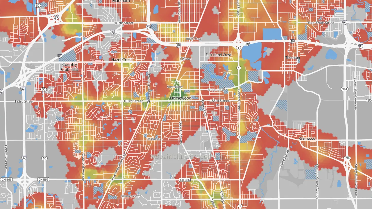 Walk Grade map of Homewood, IL, walkable areas in green and car-dependent areas in red
