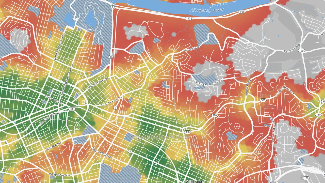 Walk Grade map of Homewood North, Pittsburgh, PA, walkable areas in green and car-dependent areas in red