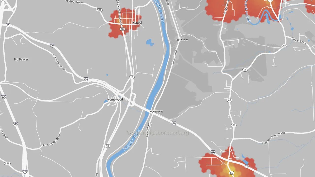 Walk Grade map of Homewood, PA, walkable areas in green and car-dependent areas in red