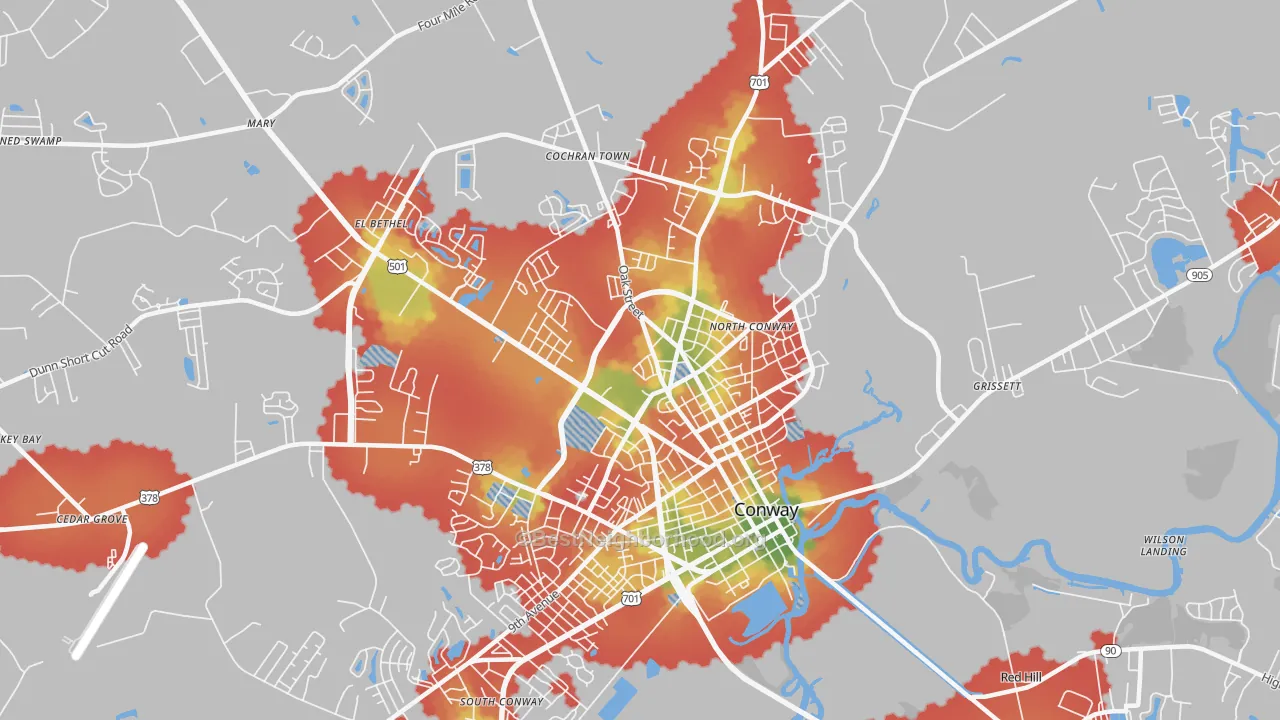 Walk Grade map of Homewood, SC, walkable areas in green and car-dependent areas in red