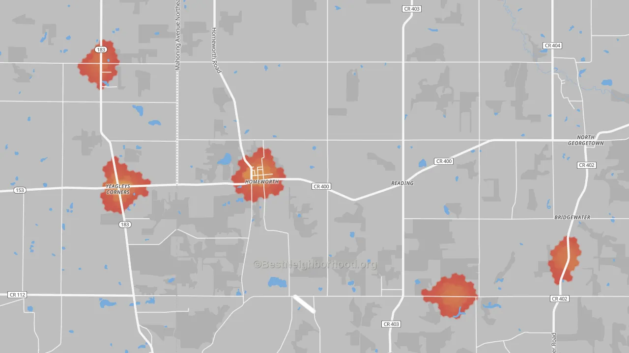 Walk Grade map of Homeworth, OH, walkable areas in green and car-dependent areas in red
