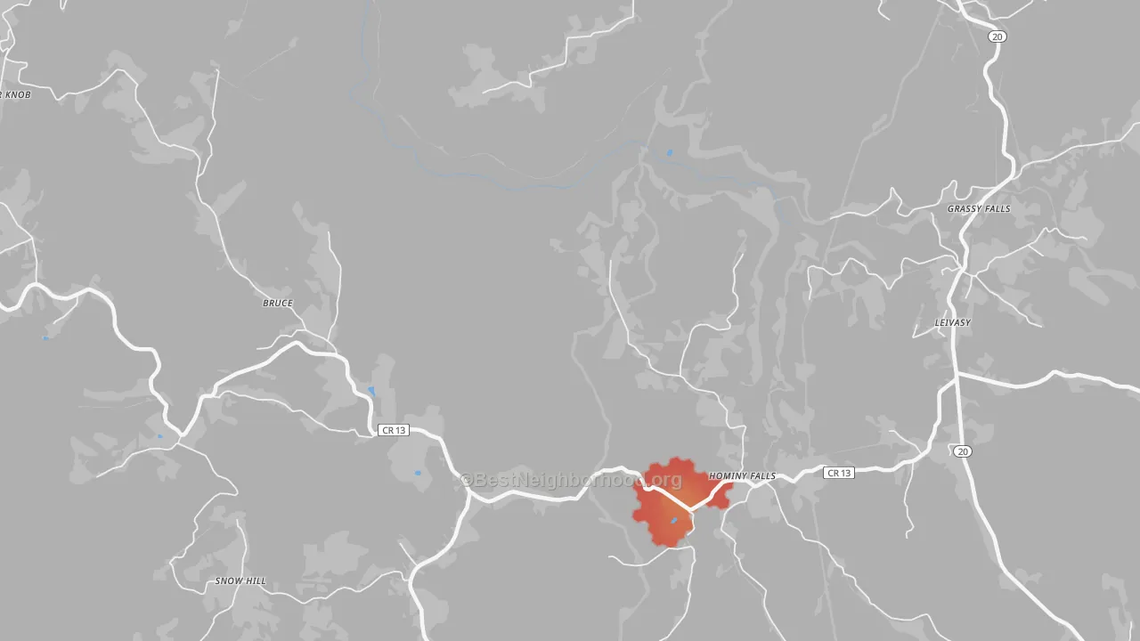 Walk Grade map of Hominy Falls, WV, walkable areas in green and car-dependent areas in red