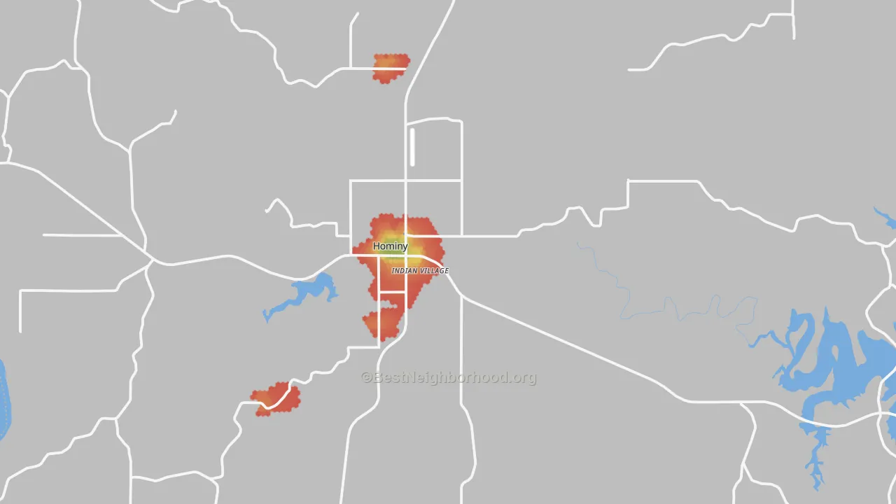 Walk Grade map of Hominy, OK, walkable areas in green and car-dependent areas in red