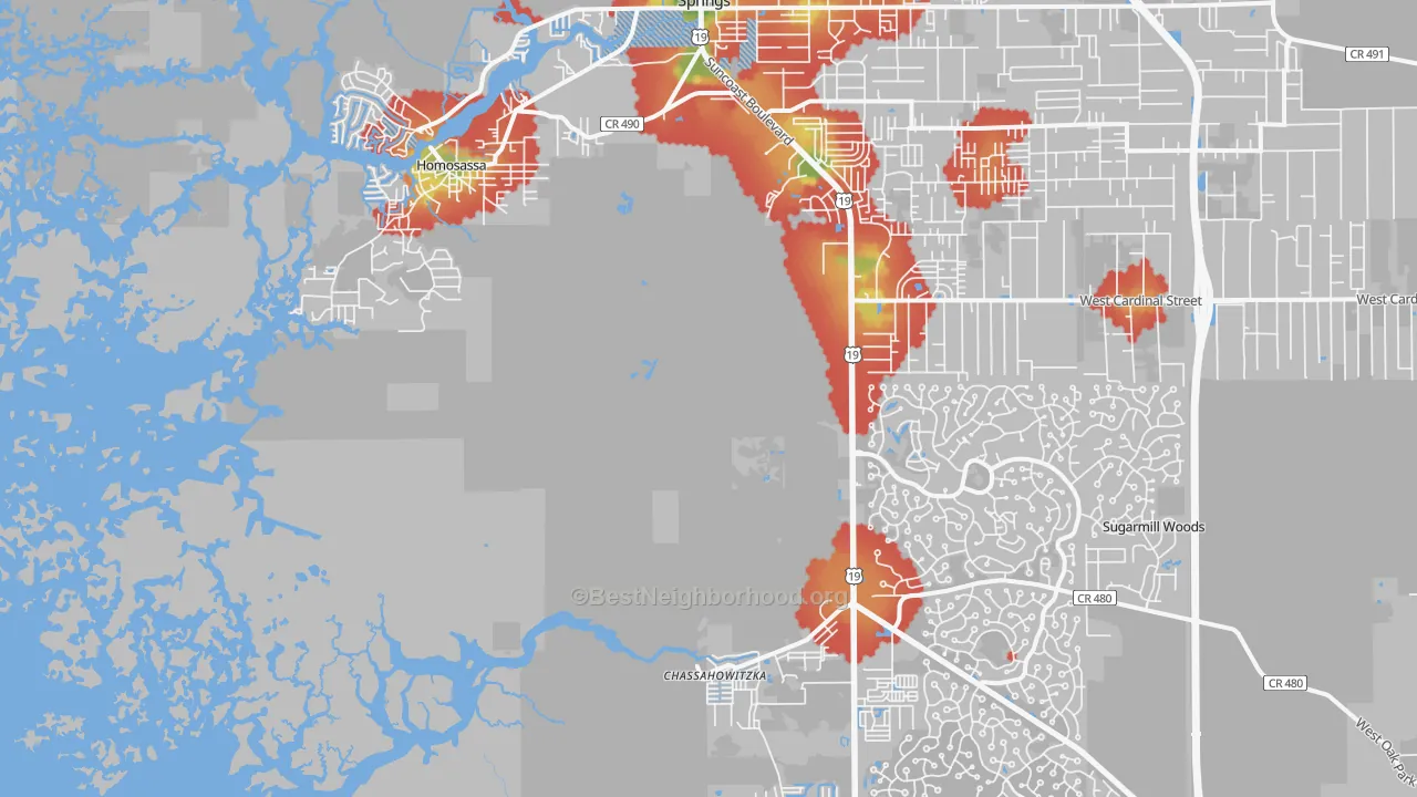 Walk Grade map of Homosassa, FL, walkable areas in green and car-dependent areas in red