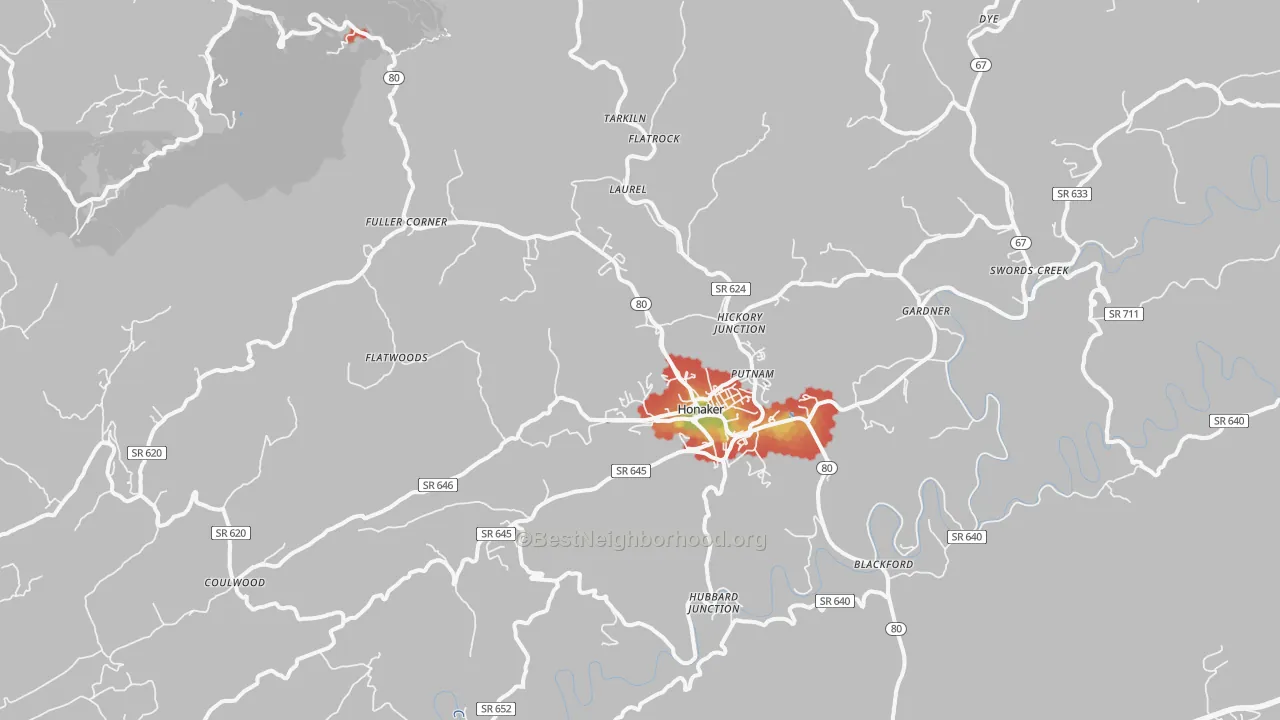 Walk Grade map of Honaker, VA, walkable areas in green and car-dependent areas in red