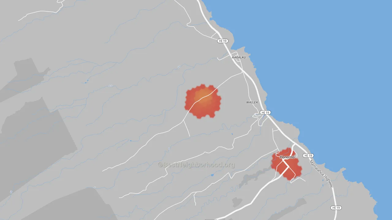 Walk Grade map of Honaunau, HI, walkable areas in green and car-dependent areas in red