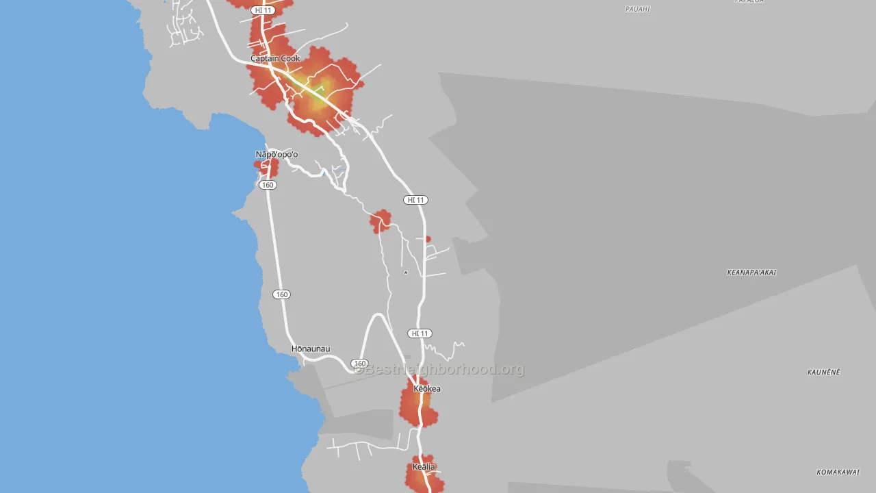 Walk Grade map of Honaunau-Napoopoo, HI, walkable areas in green and car-dependent areas in red