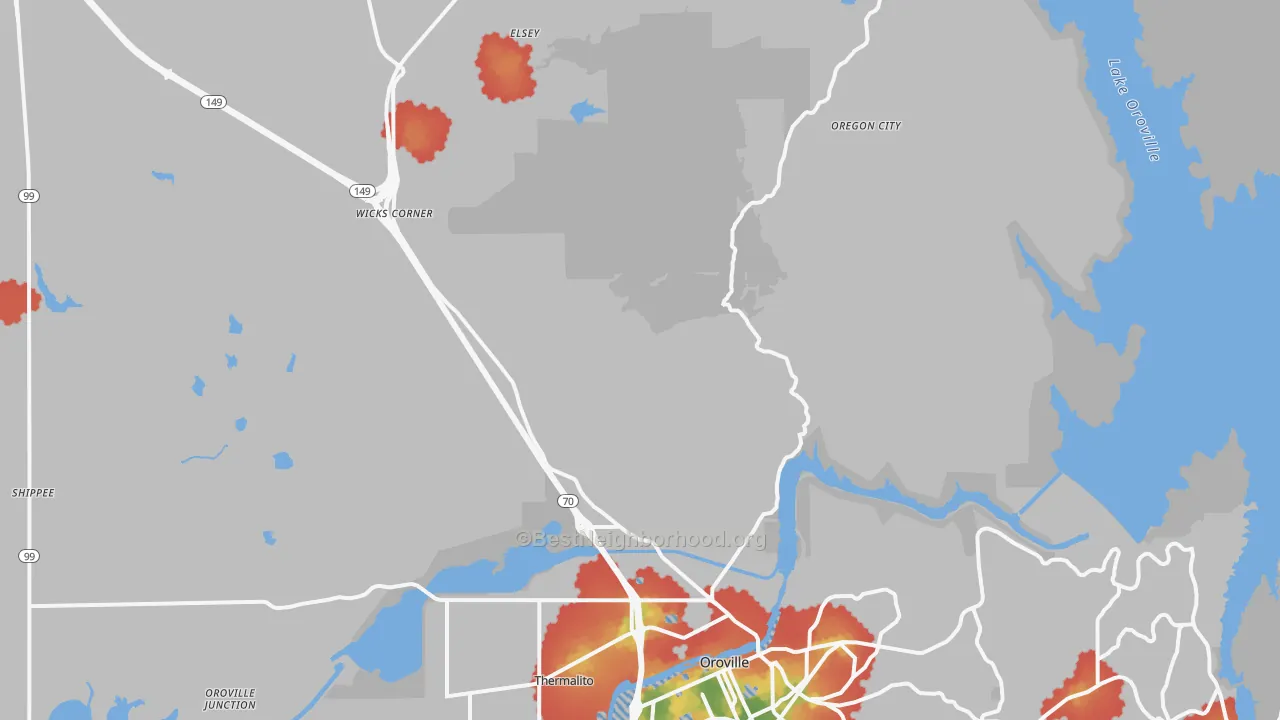 Walk Grade map of Honcut, CA, walkable areas in green and car-dependent areas in red