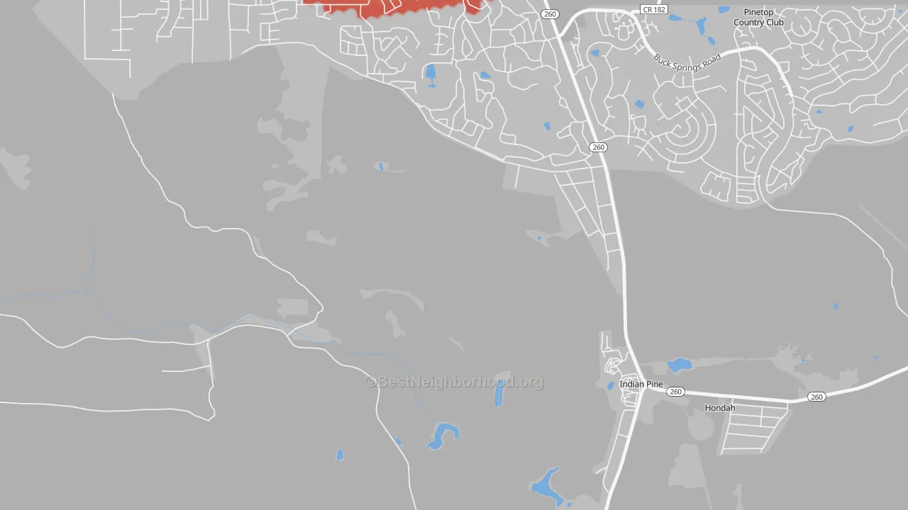 Walk Grade map of Hondah, AZ, walkable areas in green and car-dependent areas in red