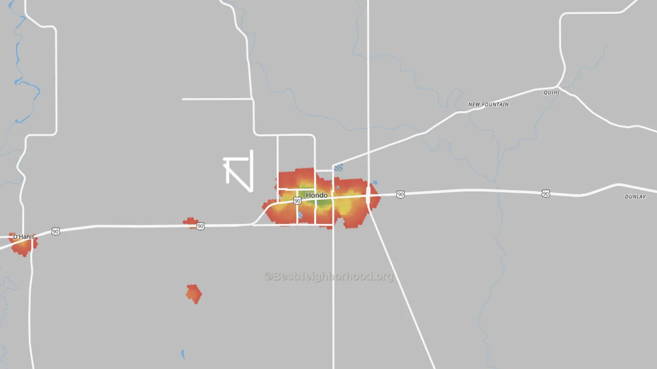 Walk Grade map of Hondo, TX, walkable areas in green and car-dependent areas in red