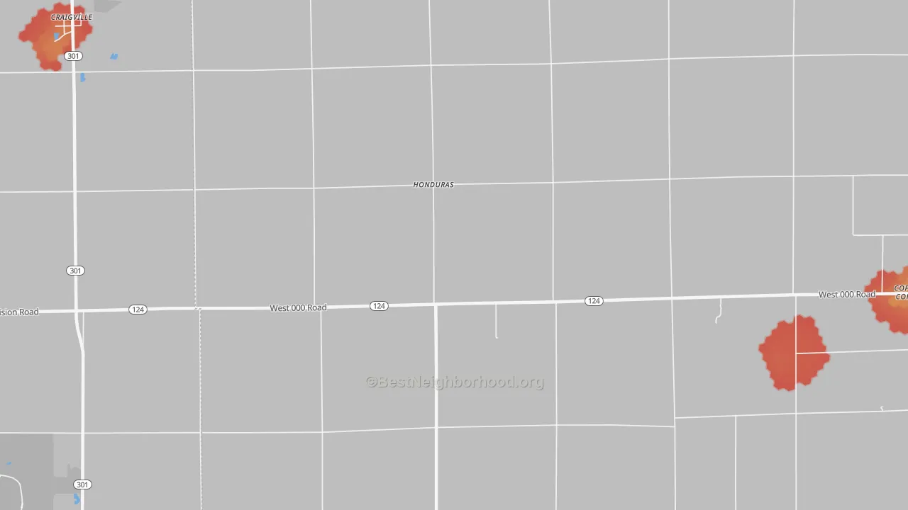 Walk Grade map of Honduras, IN, walkable areas in green and car-dependent areas in red