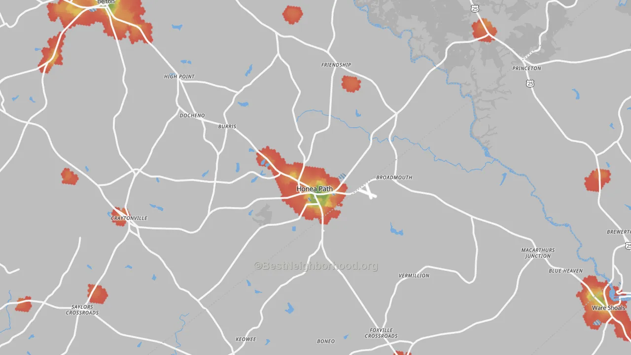 Walk Grade map of Honea Path, SC, walkable areas in green and car-dependent areas in red